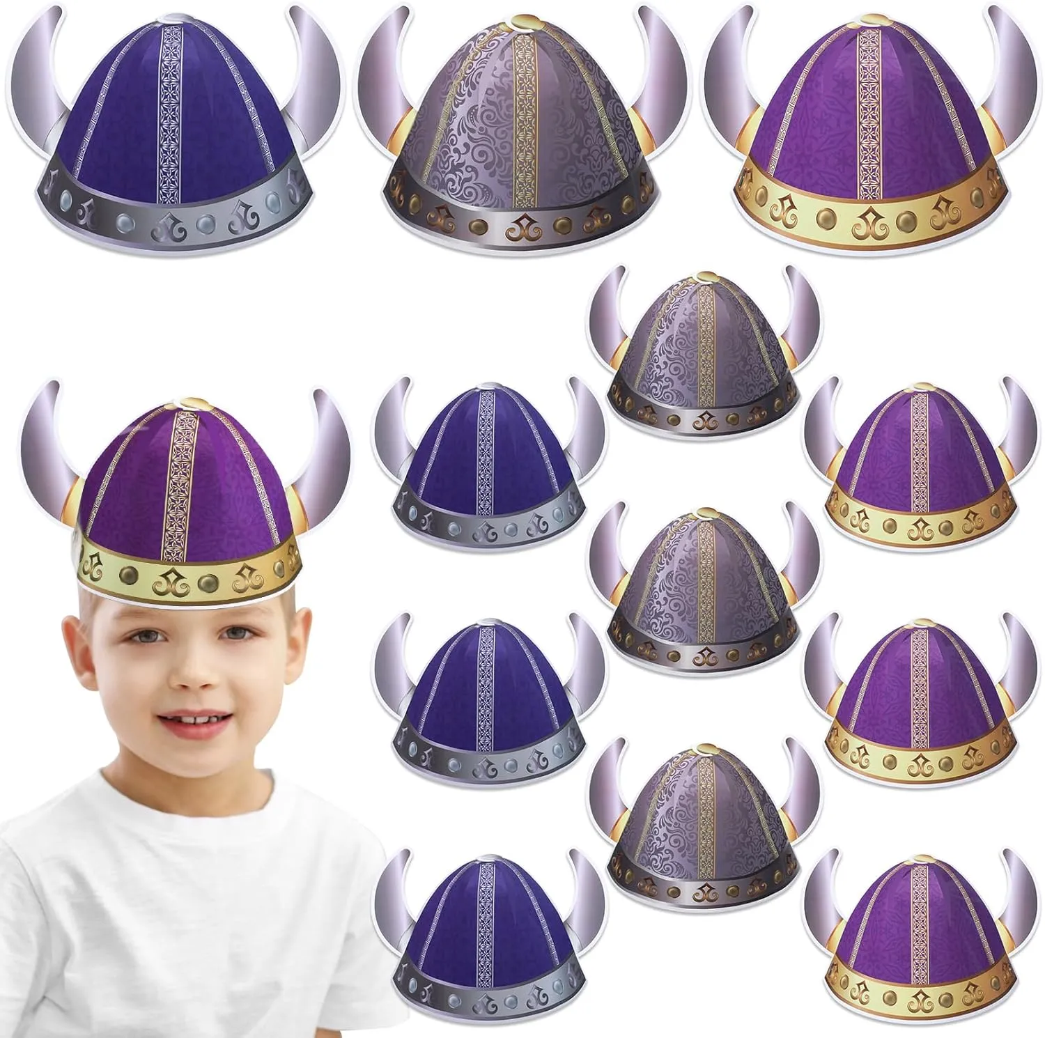 12 Pcs Viking Helmet Party Hats with Horns Funny Paper Viking Helmet for Kids Cosplay Costume for Adult Purple Medieval Theme Accessories Birthday Performance Decoration 3 Styles