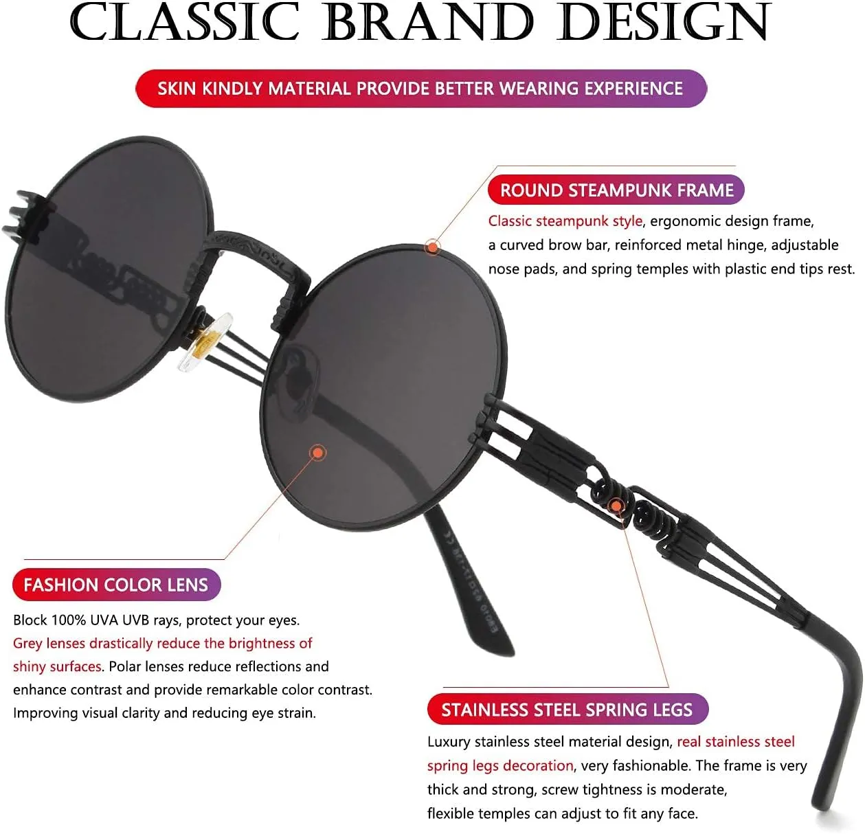 AIEYEZO Round Steampunk Sunglasses Circle Lennon Hippie Glasses Metal Frame 100% UV Blocking Lens