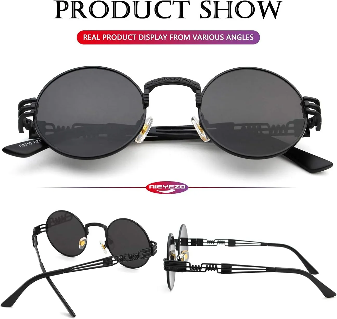 AIEYEZO Round Steampunk Sunglasses Circle Lennon Hippie Glasses Metal Frame 100% UV Blocking Lens