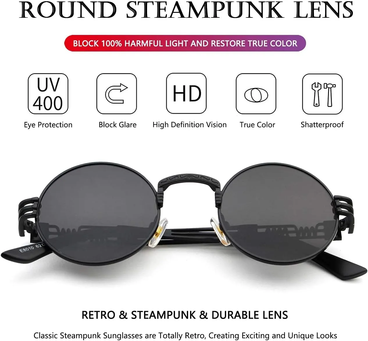 AIEYEZO Round Steampunk Sunglasses Circle Lennon Hippie Glasses Metal Frame 100% UV Blocking Lens