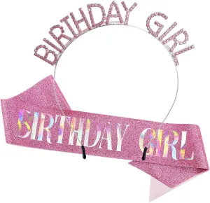AOPRIE Pink Birthday Sash for Women Girls Happy Birthday Crown Tiara for Women Headband Princess Crown Accessories Decorations