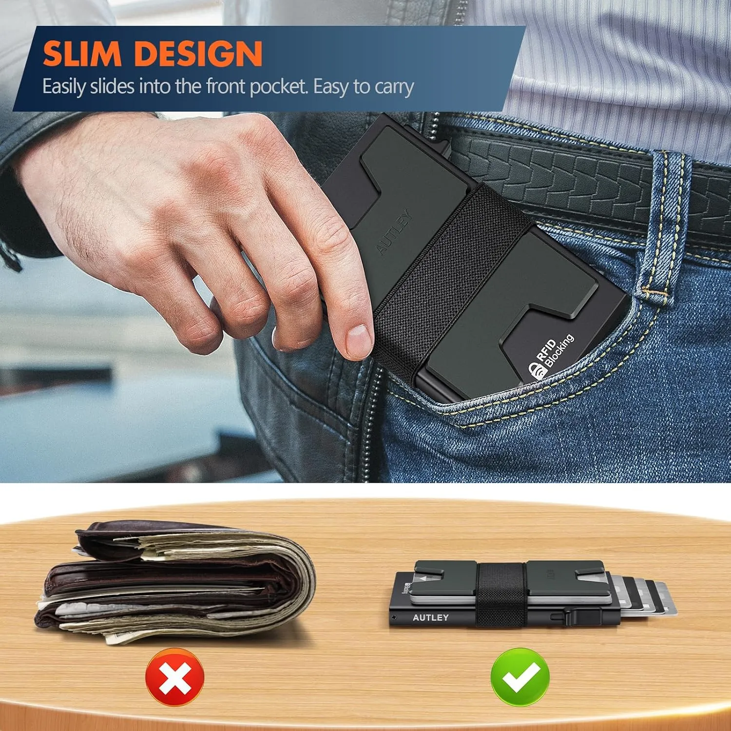 AUTLEY Slim Card Holder, Minimalist Pop Up Wallet for Men, RFID Blocking Mens Wallet with Cash Band (Black)