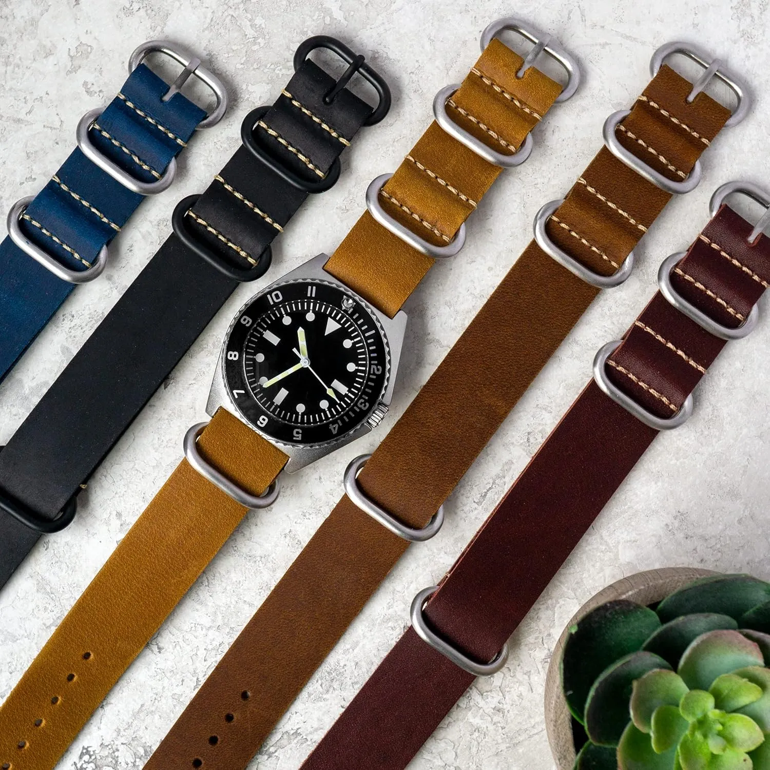 Benchmark Leather Watch Band - Crazy Horse Oiled Leather One-Piece Military Watch Strap - Brushed Stainless-Steel Zulu Style Hardware - 18mm, 20mm, 22mm or 24mm Widths