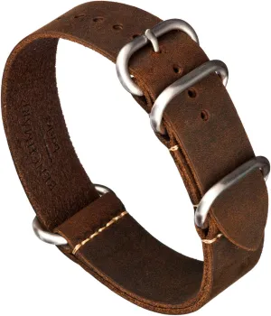 Benchmark Leather Watch Band - Crazy Horse Oiled Leather One-Piece Military Watch Strap - Brushed Stainless-Steel Zulu Style Hardware - 18mm, 20mm, 22mm or 24mm Widths