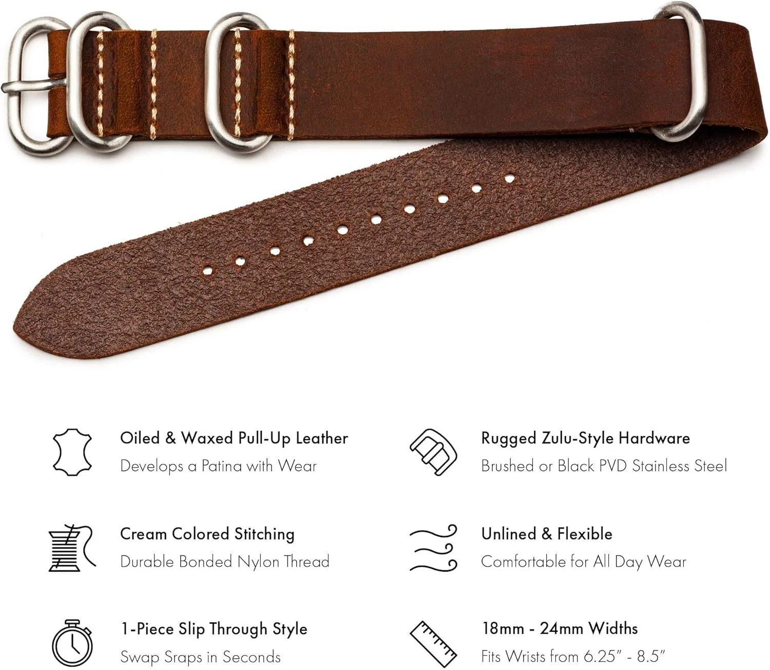 Benchmark Leather Watch Band - Crazy Horse Oiled Leather One-Piece Military Watch Strap - Brushed Stainless-Steel Zulu Style Hardware - 18mm, 20mm, 22mm or 24mm Widths