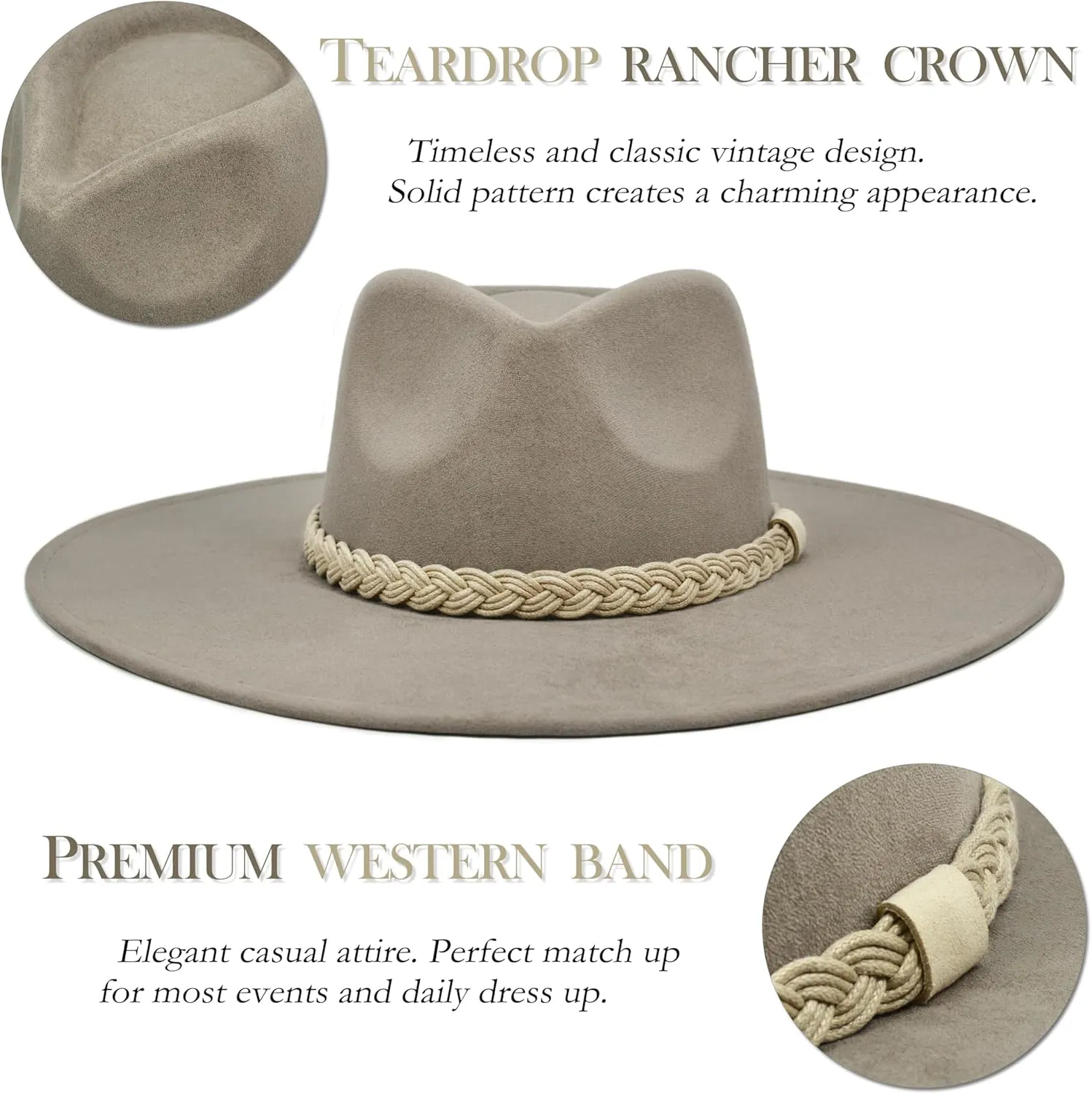 Big Wide Brim Boho Western Hat for Women and Men - Felt Rancher Fedora Hat with 4 inches Flat Brim