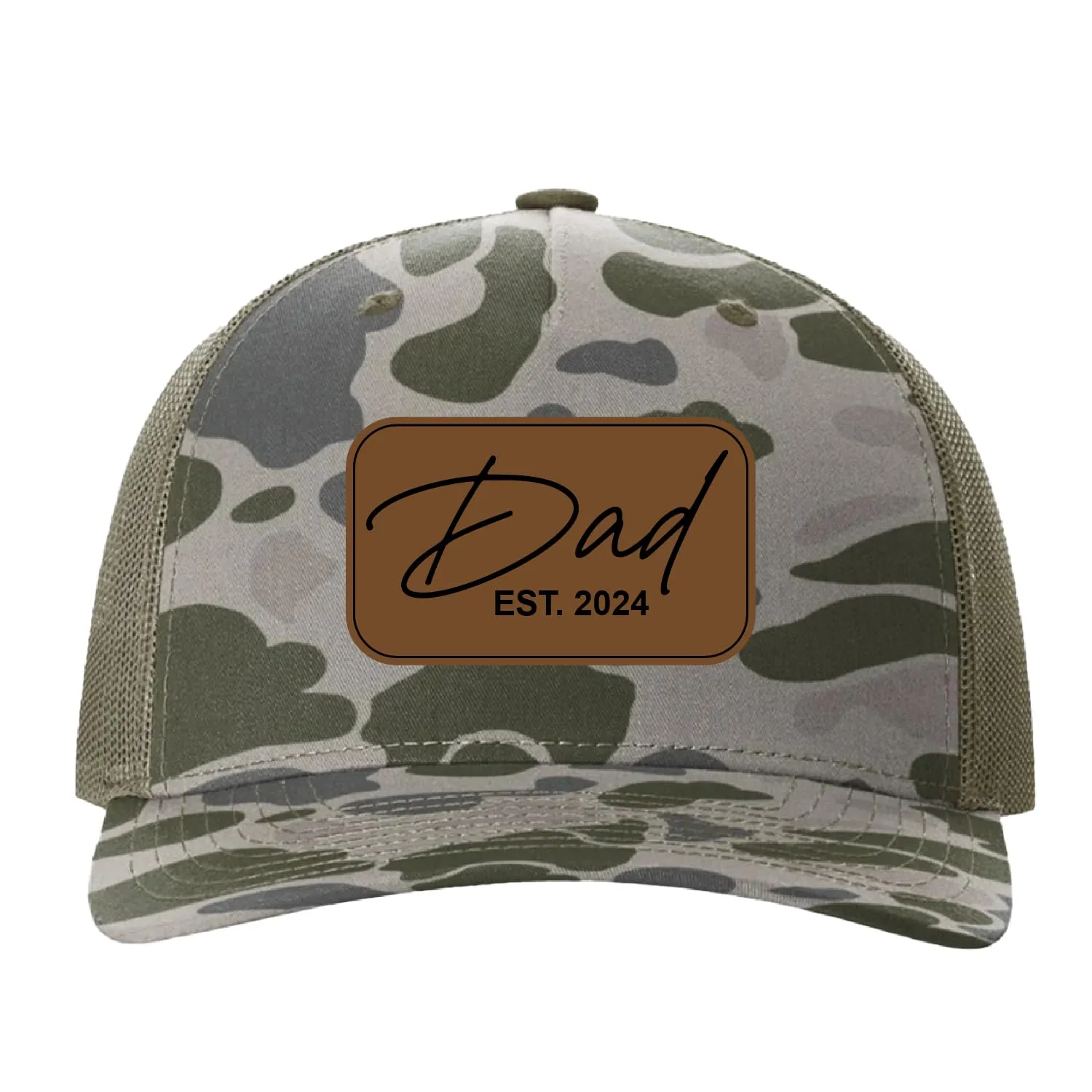 CAMO Dad EST 2024 Vegan Leather Patch Cap, Dad EST [Year] Vegan Leather Patch Cap, Richardson 112 Dad Hat, Dad Gift, Birthday Gift, Marsh Duck Camo/Loden