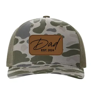 CAMO Dad EST 2024 Vegan Leather Patch Cap, Dad EST [Year] Vegan Leather Patch Cap, Richardson 112 Dad Hat, Dad Gift, Birthday Gift, Marsh Duck Camo/Loden