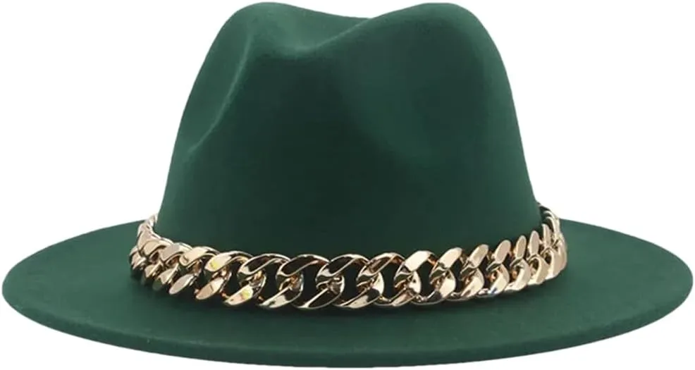 Fedora Hats Women Men Wide Brim Thick Gold Chain Band Felted Hat Jazz Cap Panama Hat Dark EN8 60-62cm(XL), X-Large