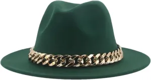 Fedora Hats Women Men Wide Brim Thick Gold Chain Band Felted Hat Jazz Cap Panama Hat Dark EN8 60-62cm(XL), X-Large