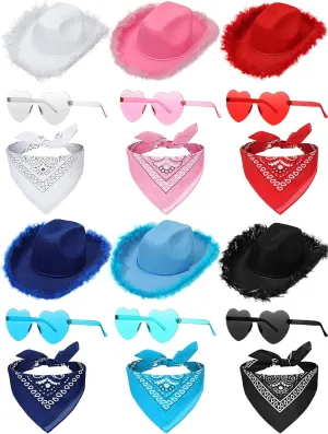 Handepo 6 Pcs Cowboy Hat Set Cowgirl Hat with Feather Heart Shaped Sunglasses Paisely Bandana Accessories for Women Men Bachelorette Party Costume, Assorted Colors