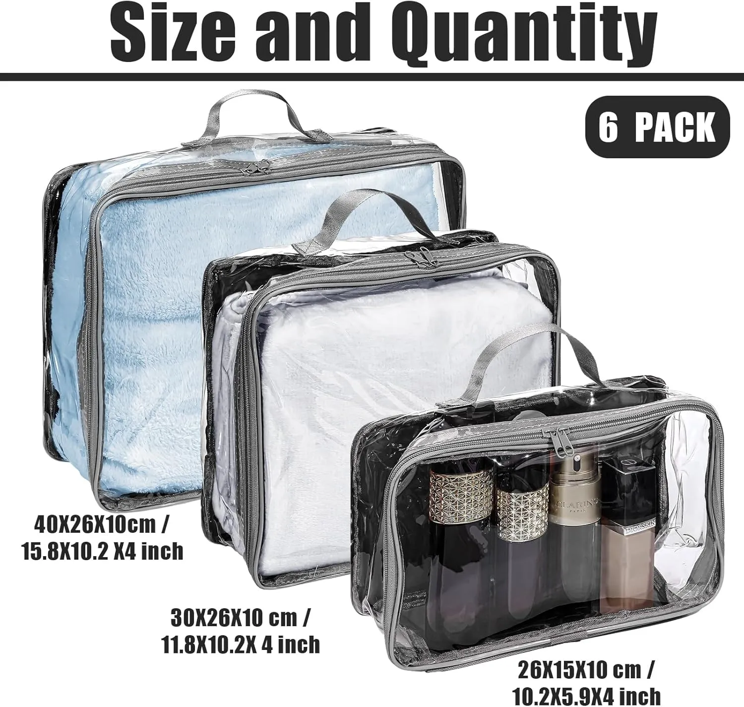 Hillban 6 Pcs Gray Large Clear Travel Packing Cube 3 Sizes See-through PVC Organizer for Suitcase Multipurpose Pouch with Handle Vinyl Zippered Storage Bags Luggage Cube Organizer