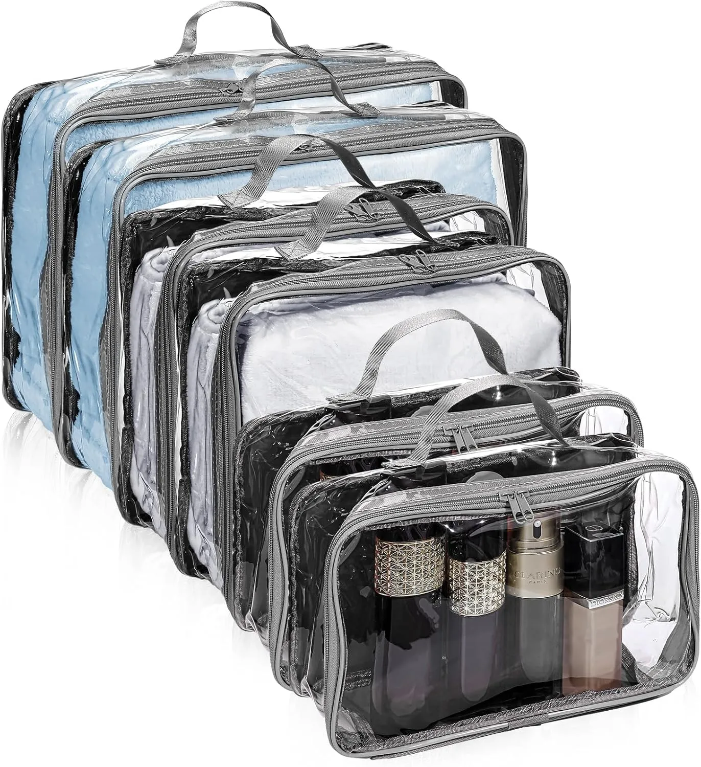 Hillban 6 Pcs Gray Large Clear Travel Packing Cube 3 Sizes See-through PVC Organizer for Suitcase Multipurpose Pouch with Handle Vinyl Zippered Storage Bags Luggage Cube Organizer