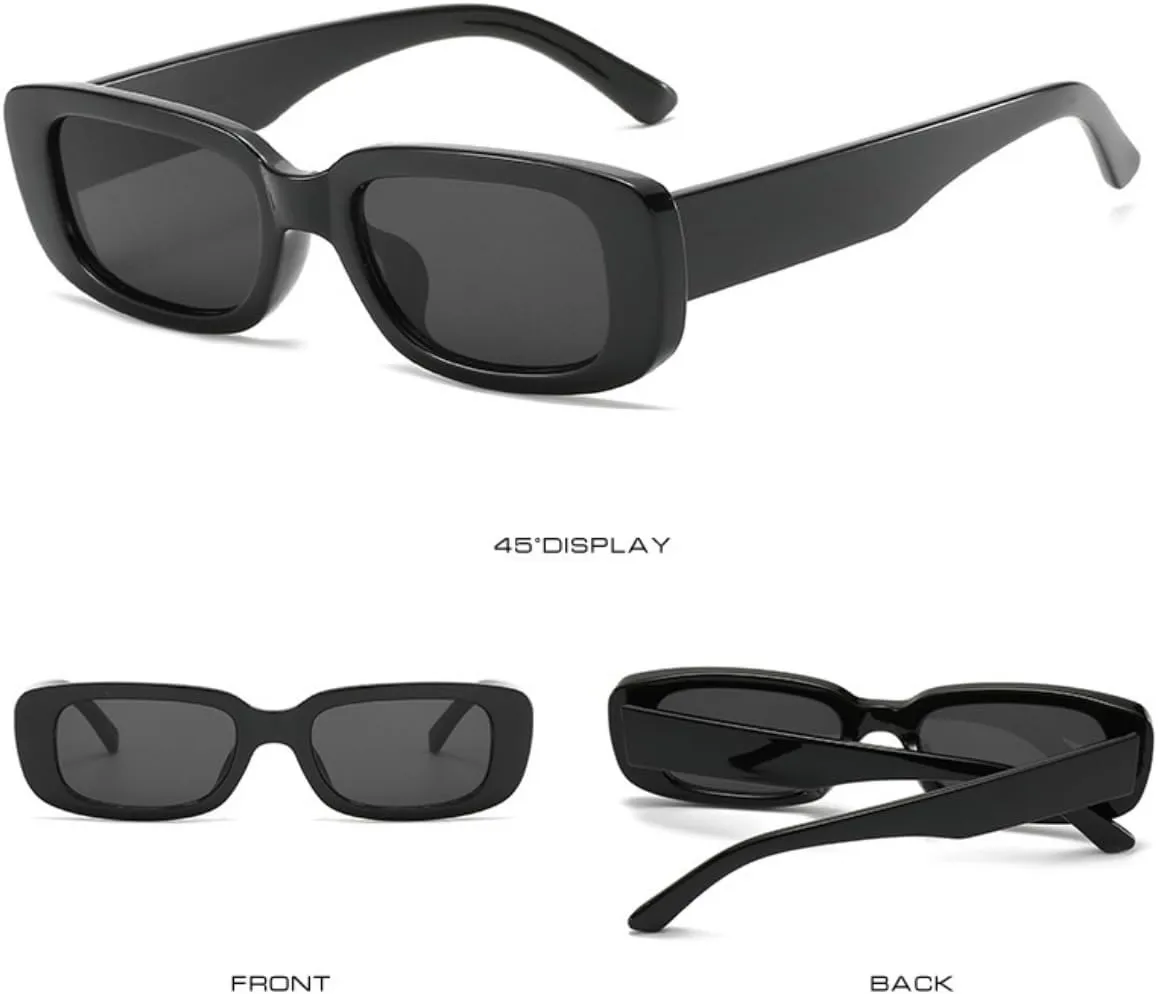 IKANOO Retro Rectangle Sunglasses for Women Men Small Square Frame Trendy Y2K 90s Black Sunglasses