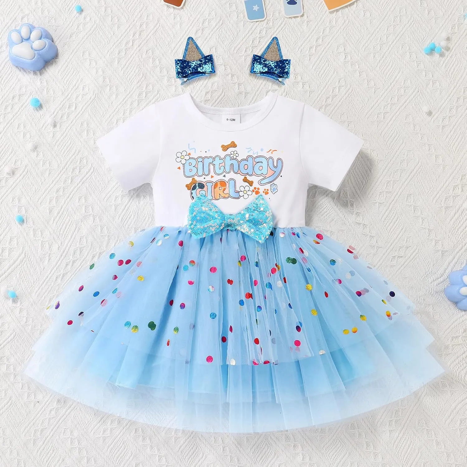 IMEKIS Toddler Birthday Girl Sparkle Confetti Ruffle Tutu Dress Dog Ears Hair Clips Outfit Cake Smash Photo Shoot 1-3T