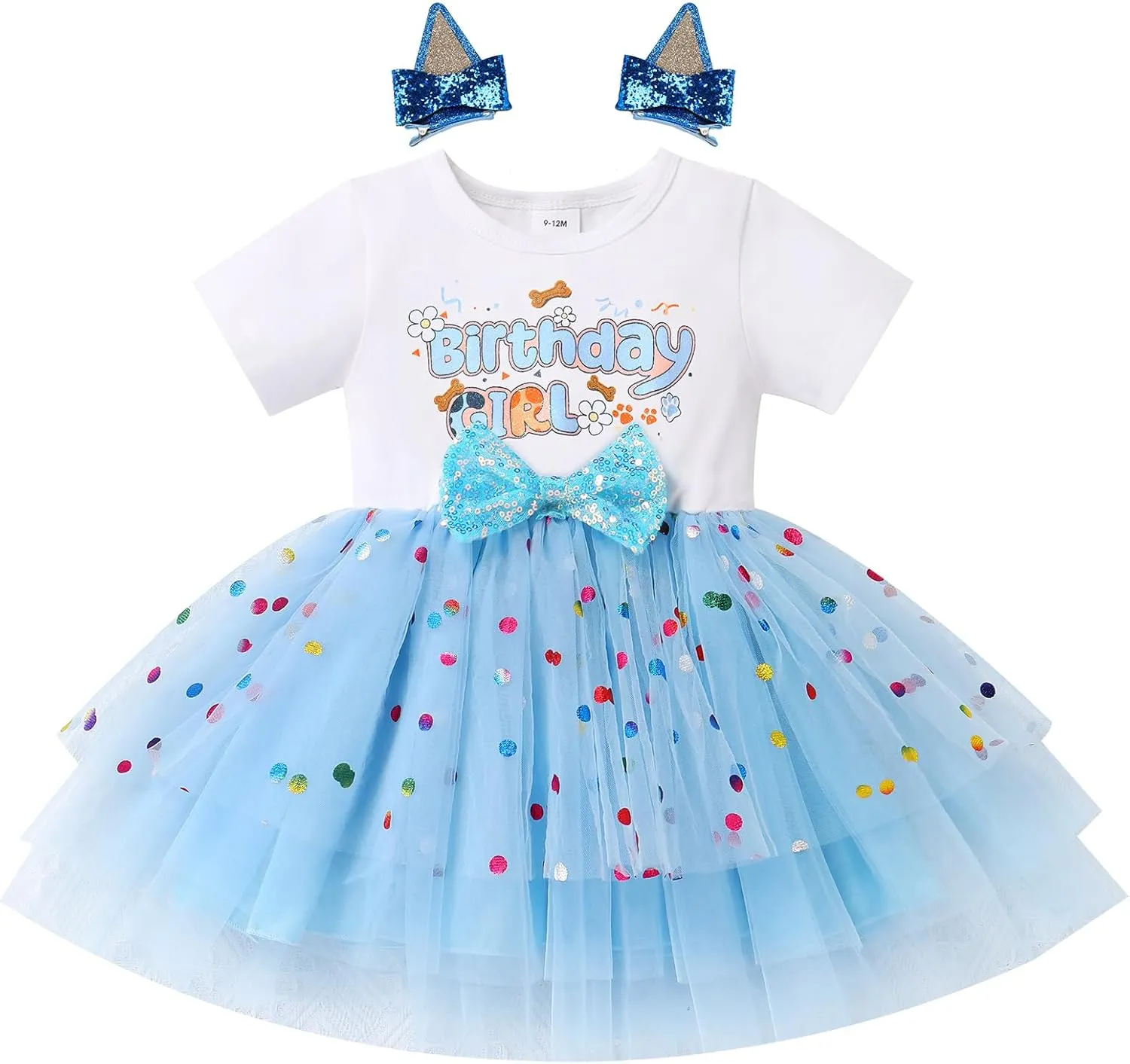 IMEKIS Toddler Birthday Girl Sparkle Confetti Ruffle Tutu Dress Dog Ears Hair Clips Outfit Cake Smash Photo Shoot 1-3T