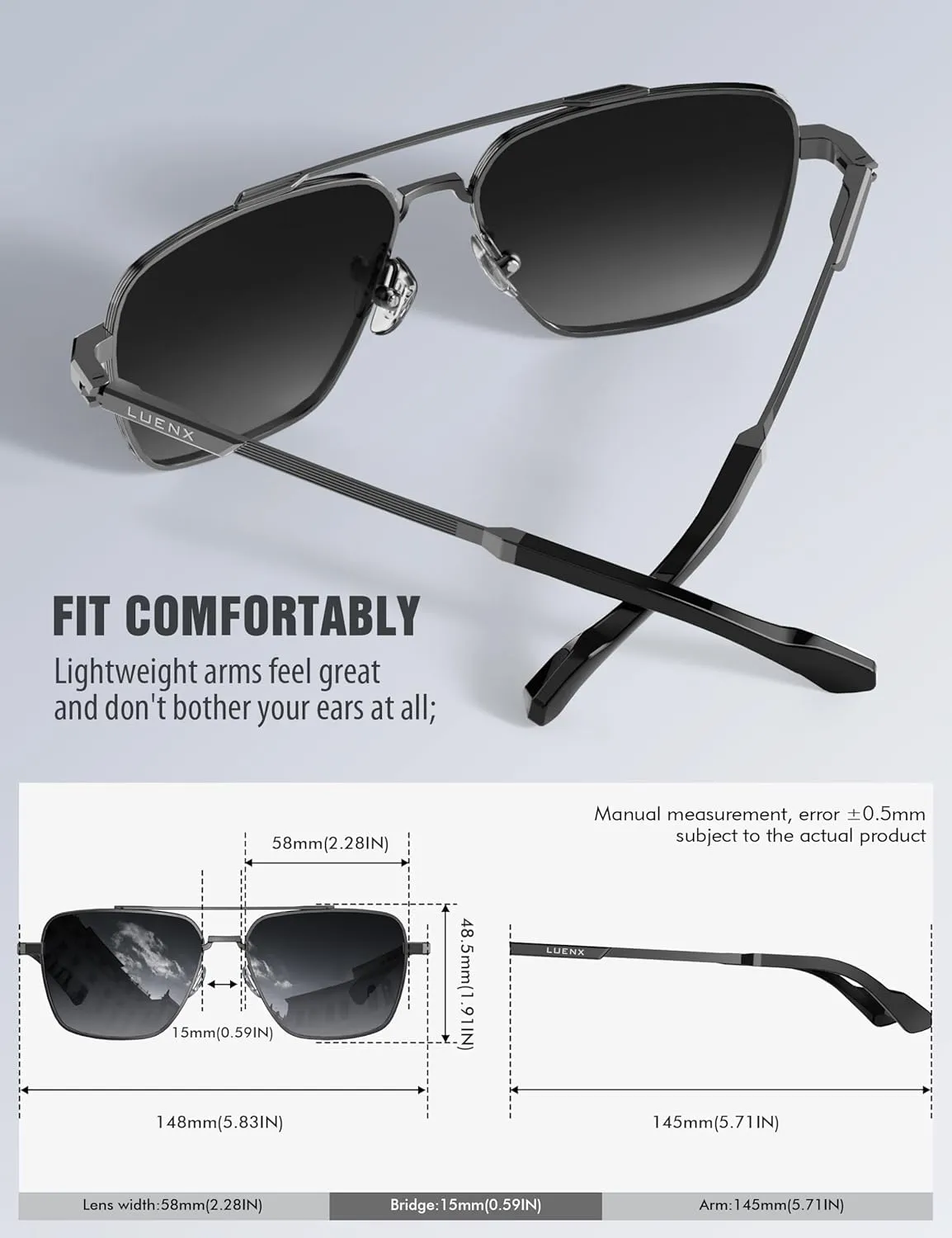 LUENX Aviator Sunglasses for Men Women Square Polarized Polygon Lens - UV 400 Protection