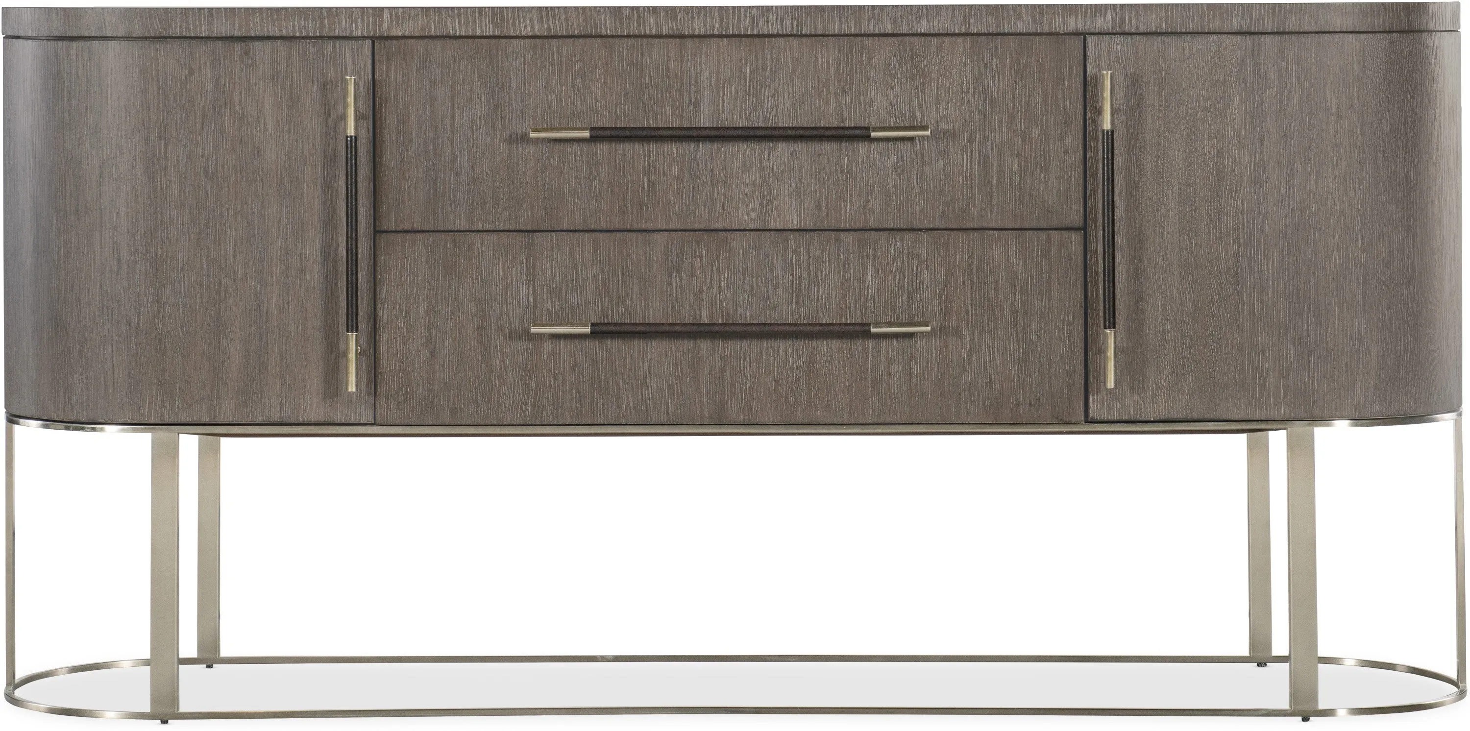 Modern Curved Sideboard Buffet Wire Brushed Mink Finish Metal Pewter Base 76 inch