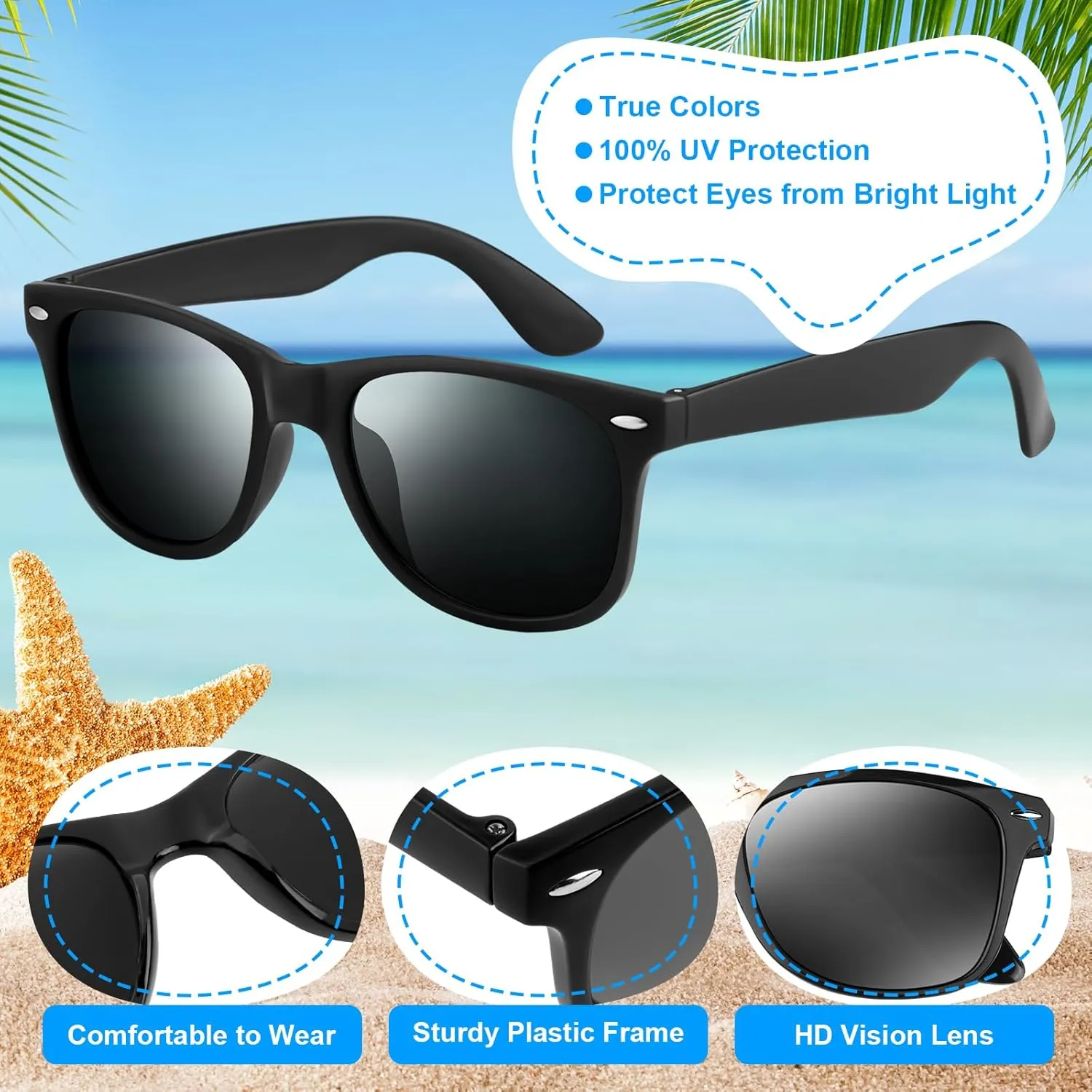 NEBURORA 12 Pack Black Sunglasses Bulk Retro Black Shades Party Sunglasses for Adult Men Women Summer Beach Party Accessories
