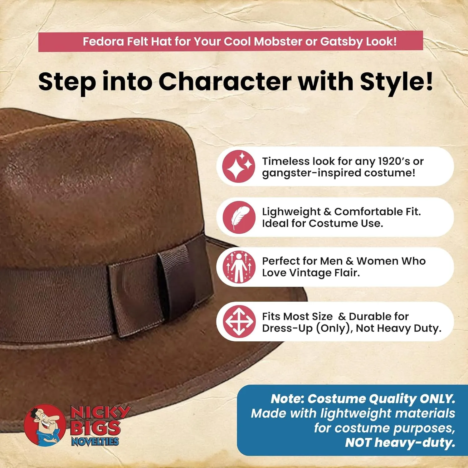 Nicky Bigs Novelties Adult Fedora Felt Hat Cosplay Ganster, Gatsby, Indiana Jones, Mobster Halloween Costume Women and Men