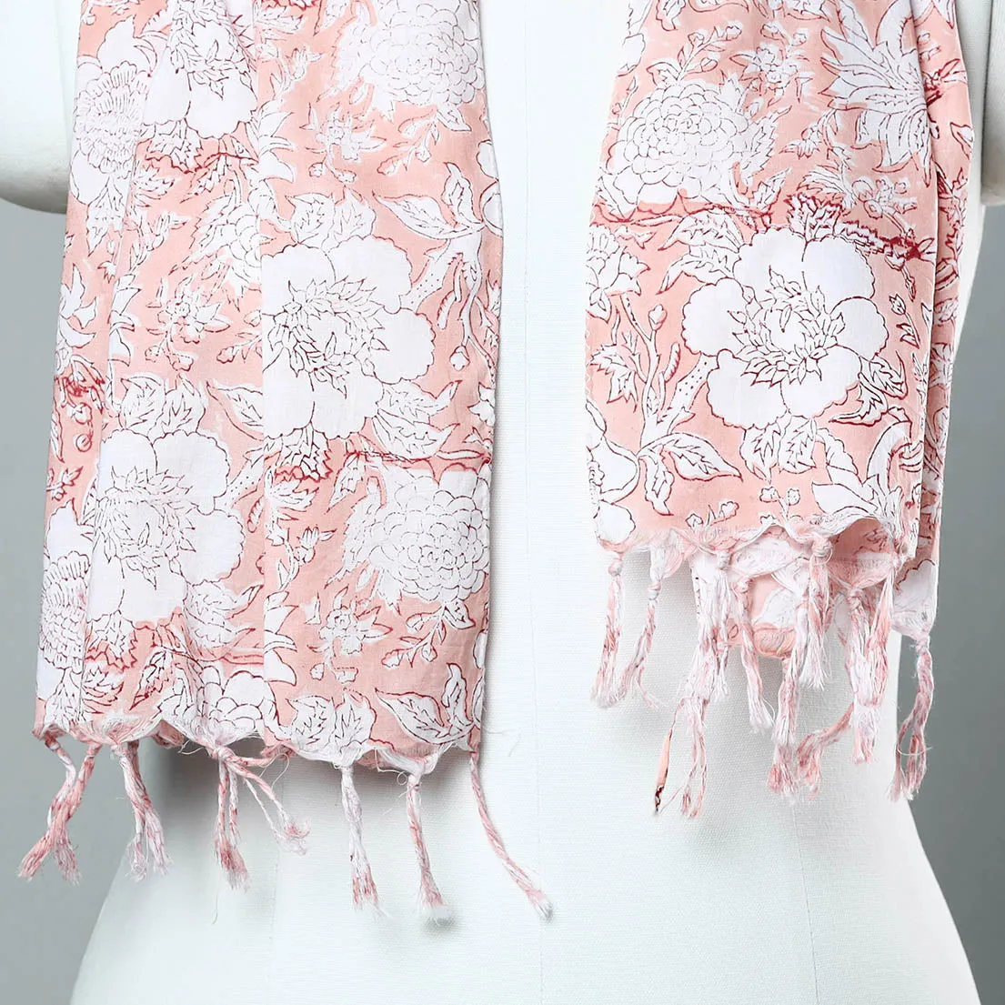 Peach - Sanganeri Block Printed Cotton Stole with Tassels 52
