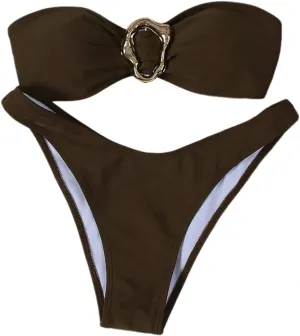 SHENHE Women's 2 Piece Strapless Swimsuits High Cut Metal Ring Tube Top Bandeau Bikini Set