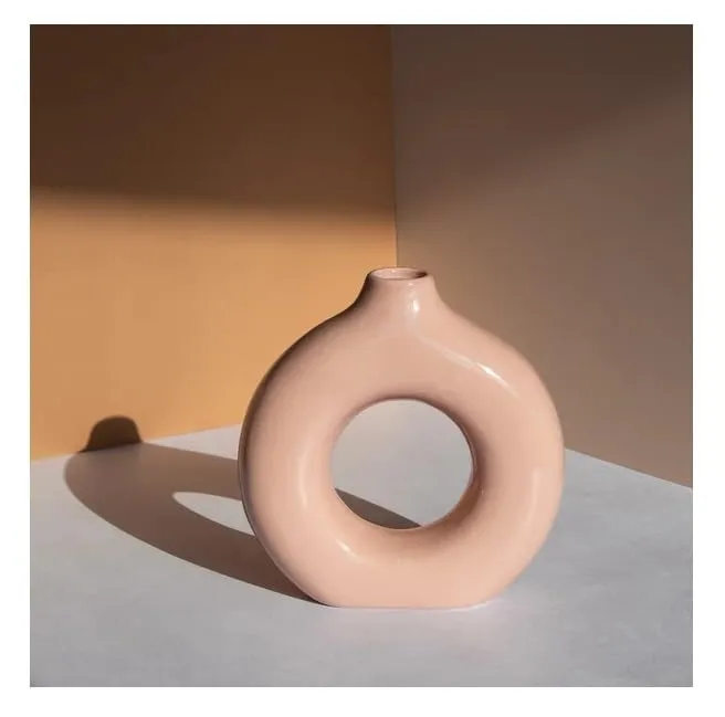 SPHINX Ceramic Donut Vase, Flower Vase Pampas Grass Vase, Vase Home Decor Centrepiece Decor for Home, Office, or Gifts-Vase Only - (Glossy Pink 6 Inches, 1 Piece)