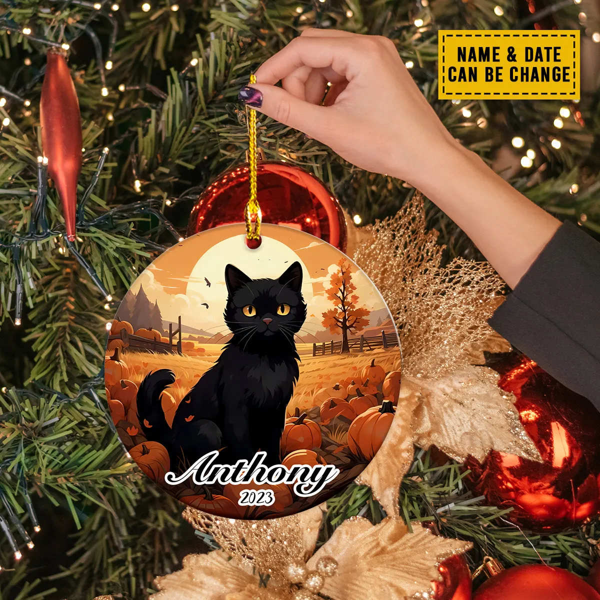 Teesdily | Customized Name Black Cat Pumpkin Farm Car Pendant Hanging Cat Thanksgiving Harvest Day Ornament Cat Lover Gift Ideas Thanksgiving Decor