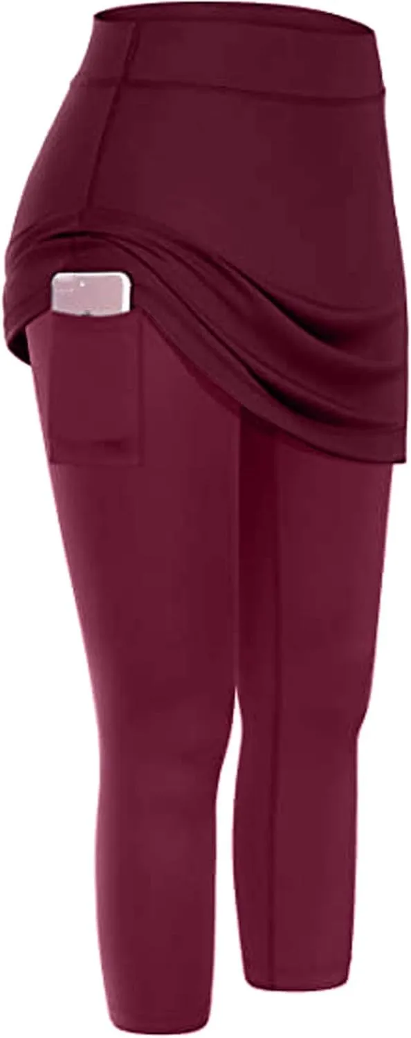Tennis Skirt With Leggings For Women with Pockets Active Sport Running Skort Pants Slim Fit Workout Capri Trousers