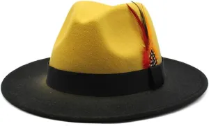 Two-Tone Fedora Hat with Feather Accent, Mint Green and Olive, Black Band