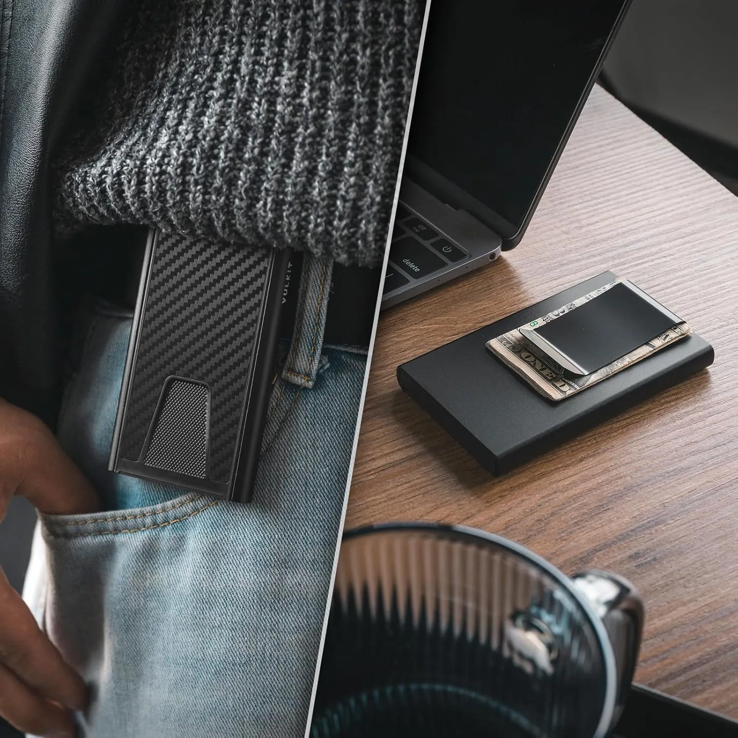 VULKIT Slim Card Wallet with Money Clip, Metal POP UP Credit Card Holder RFID Blocking, Carbon Black
