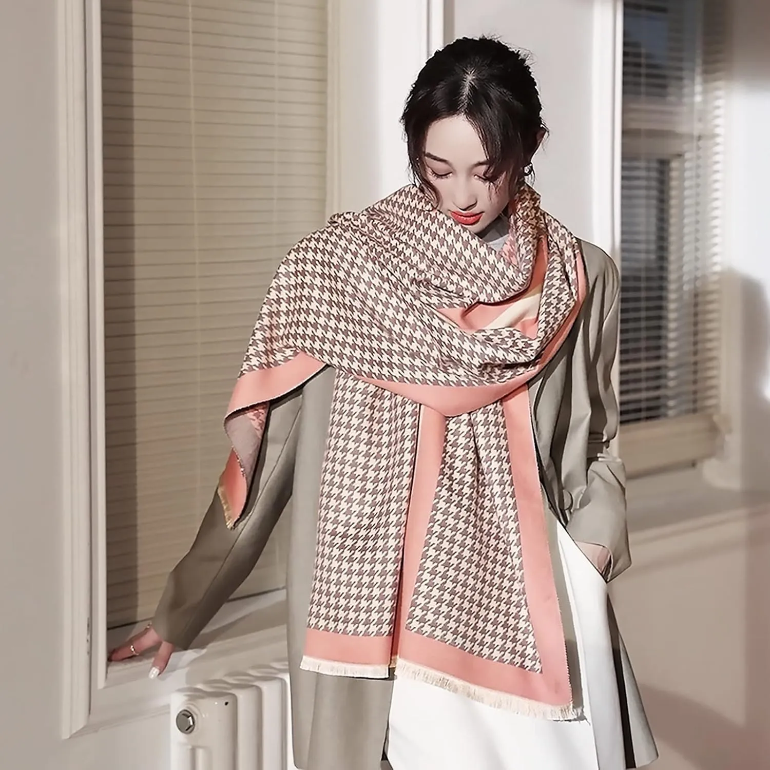 Winter Cashmere Scarf Shawl For Women Classic Houndstooth Pashmina Scarves With Tassel Warm Soft Long Thickened Wrap
