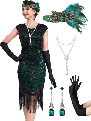 Women's Flapper Dresses 1920s Dresses for Women Great Gatsby Sequin Fringed Roaring 20s with 20s Accessories Set