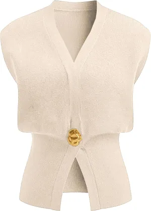 Womens Sleeveless Sweater Vest Deep V Neck Button Down Waist Cinched Knit Trendy Solid Pullover Tank Tops