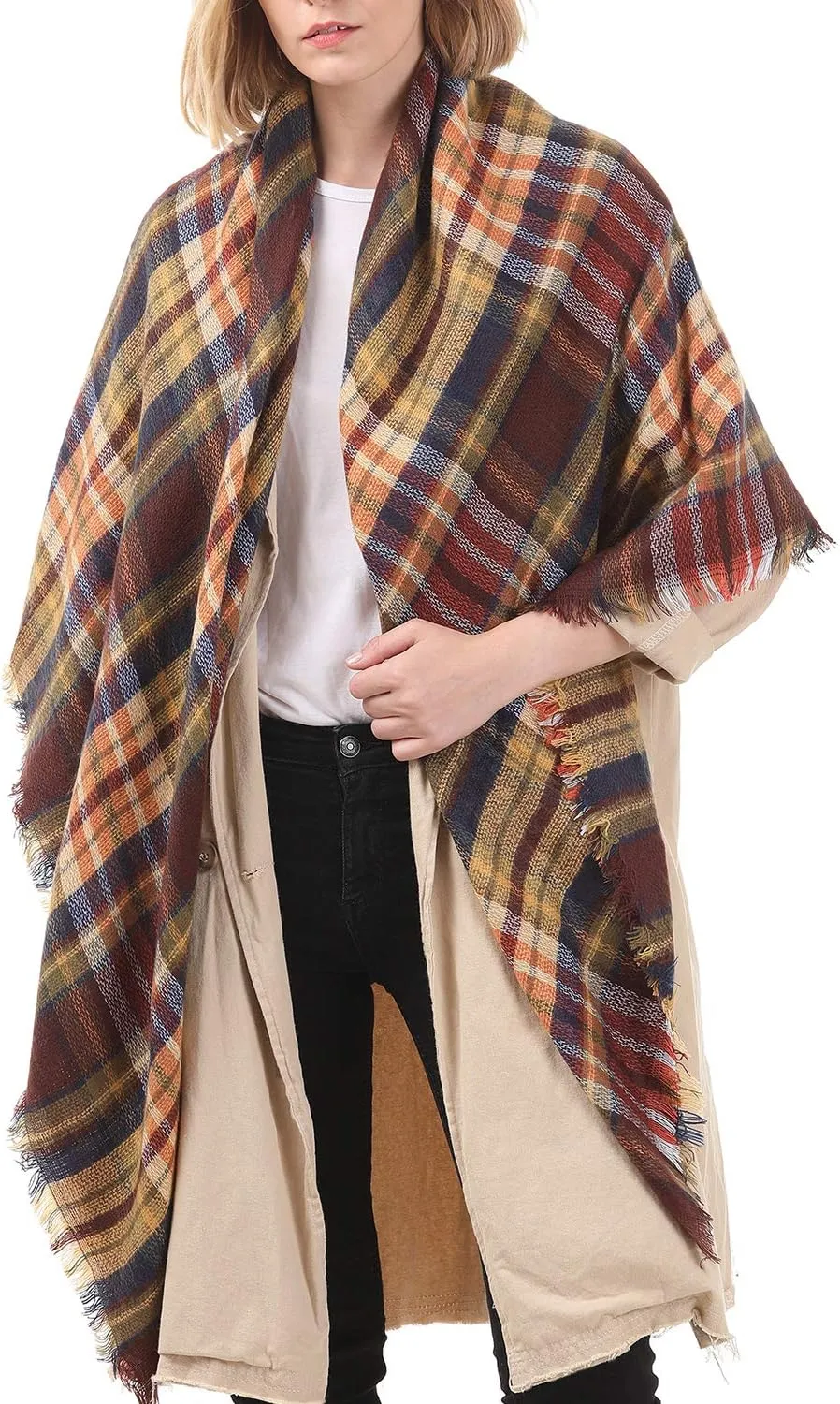 Zando Plaid Blanket Thick Winter Scarf Tartan Chunky Wrap Oversized Shawl Cape Scarves
