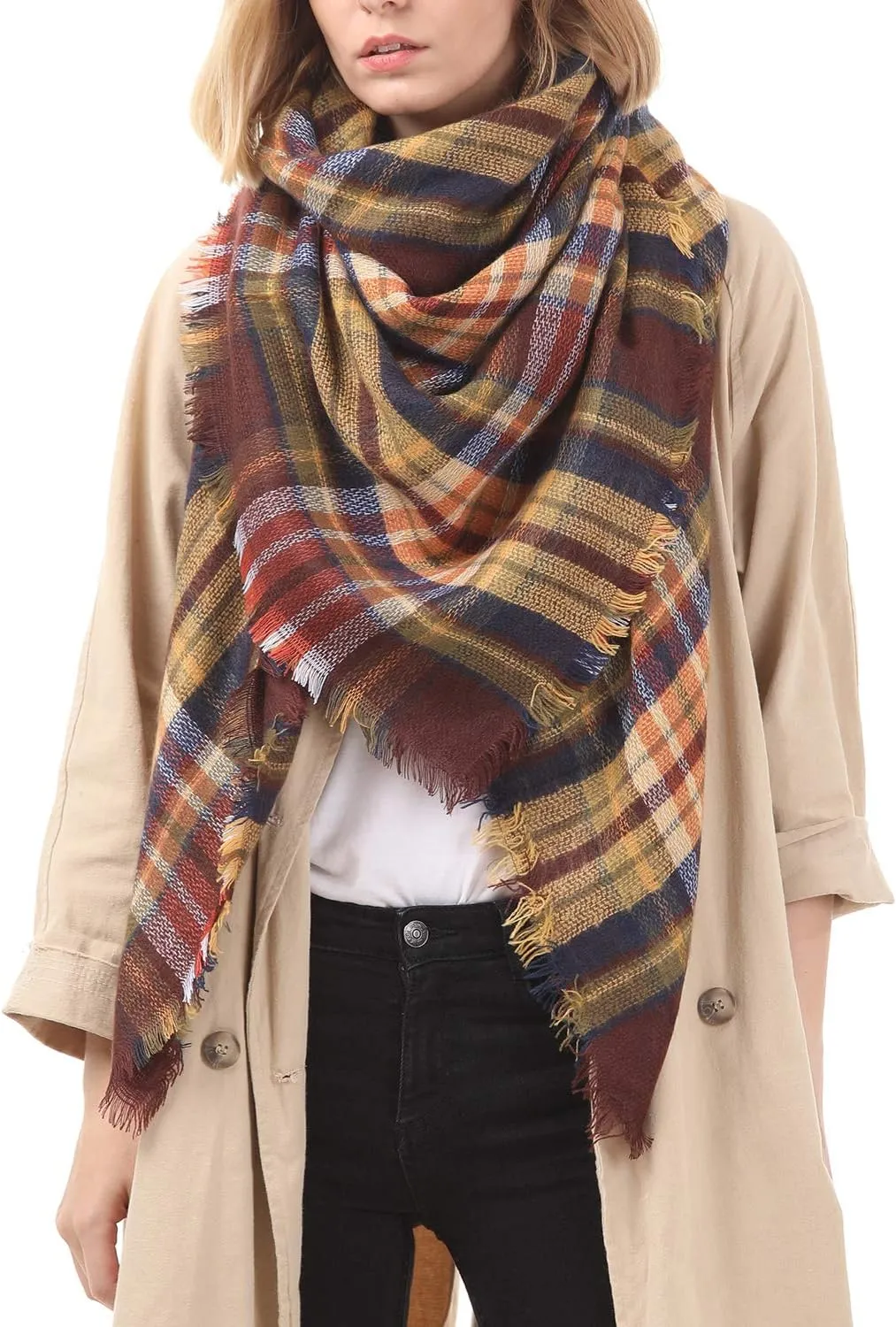Zando Plaid Blanket Thick Winter Scarf Tartan Chunky Wrap Oversized Shawl Cape Scarves