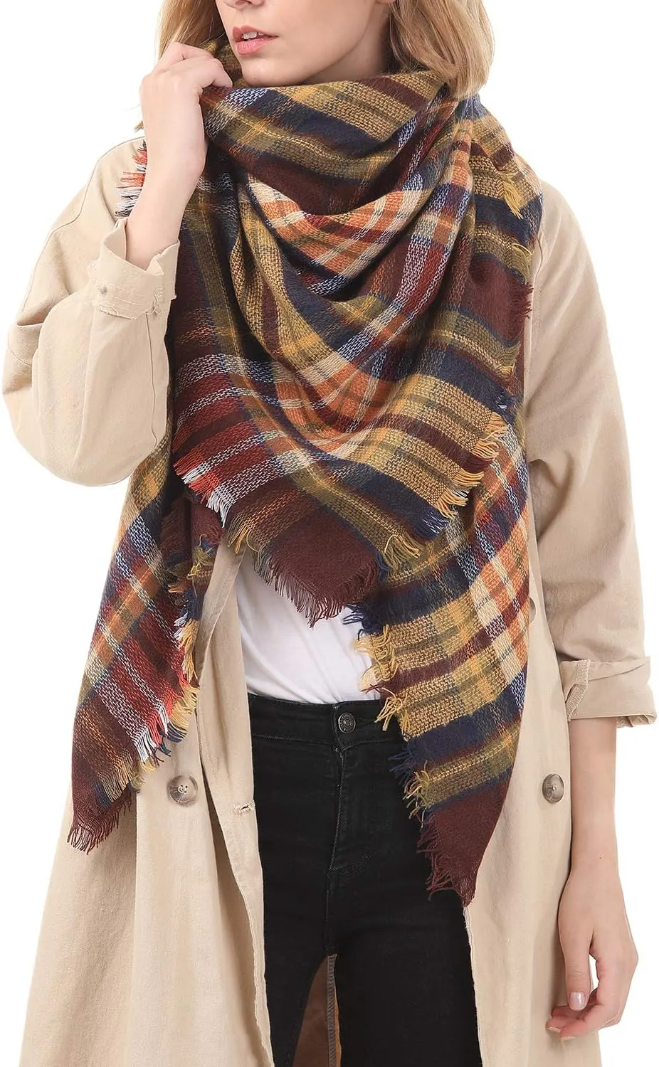 Zando Plaid Blanket Thick Winter Scarf Tartan Chunky Wrap Oversized Shawl Cape Scarves