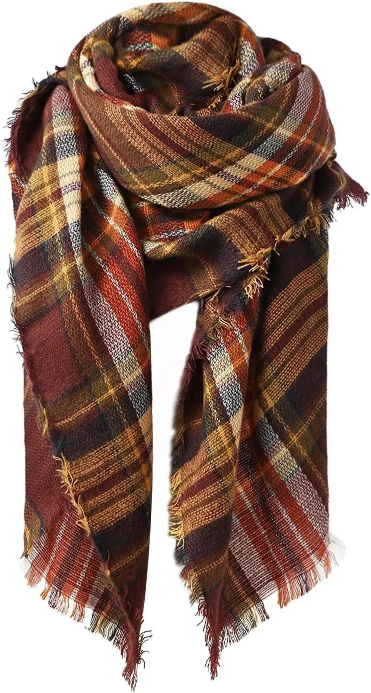 Zando Plaid Blanket Thick Winter Scarf Tartan Chunky Wrap Oversized Shawl Cape Scarves